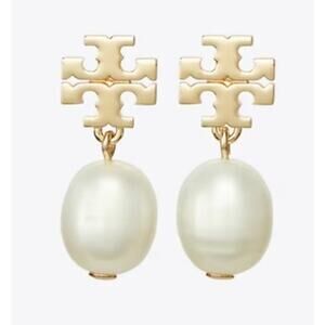NEW Tory Burch KIRA PEARL DROP EARRINGS Gold T Logo Dangling Statement Classic